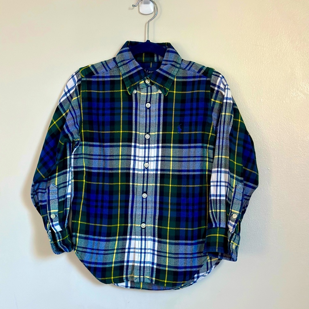 Ralph Lauren Flannel Shirt Boys Blue Green Plaid Long Sleeve Button Down Size 4